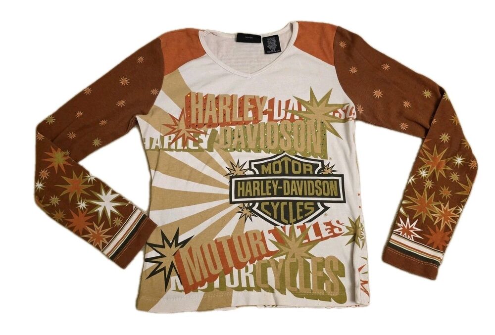 Vintage Harley Davidson Shirt Motorcycle Sequin All Over Print USA, Womens Small